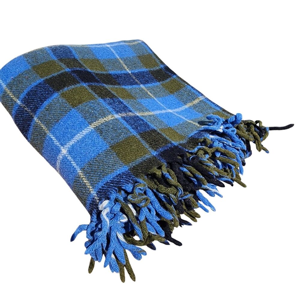 Vintage Wool Throw Blanket‎ Blue Green Plaid Fringe 53x48 Cozy Cabin Camp
